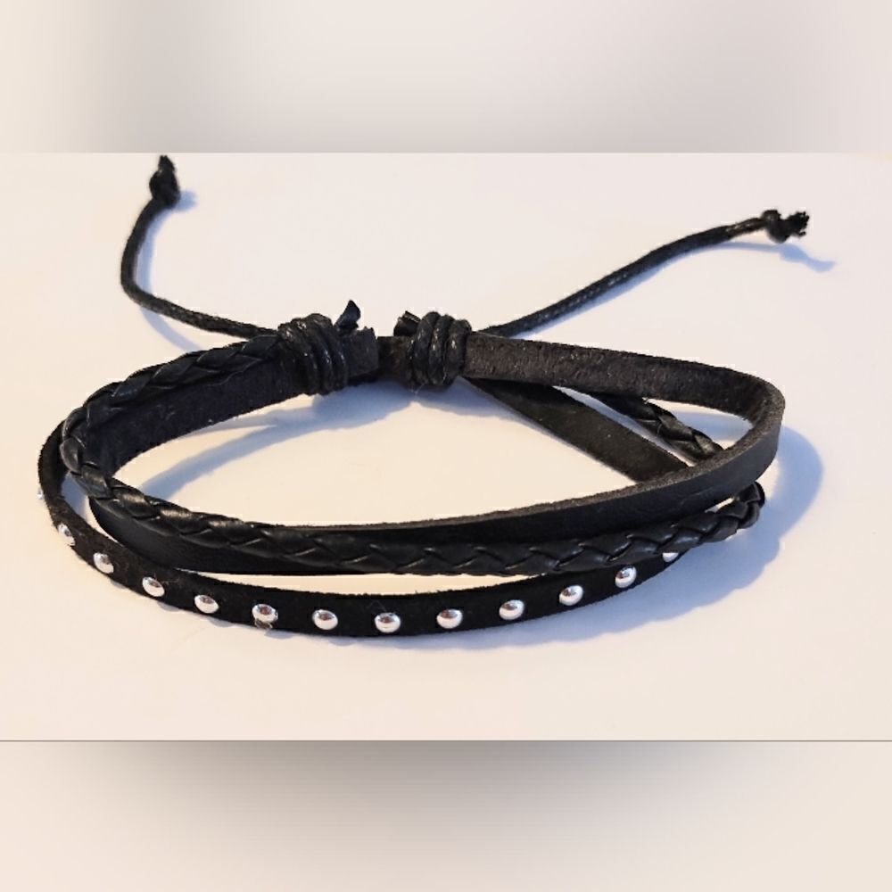 Men's bracelet‎ leather braided layered black new d38